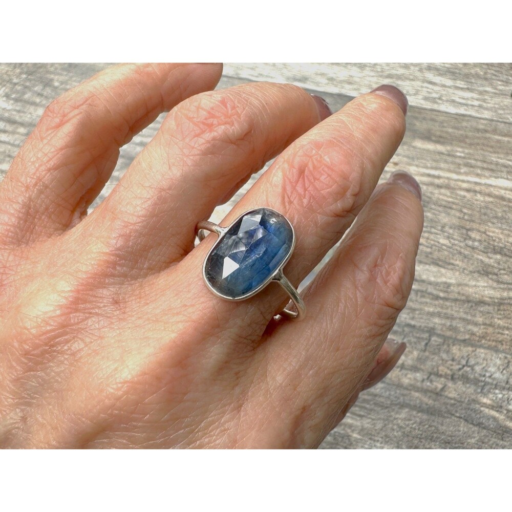 Natural Sapphire Oval Faceted Stacking Ring 925 Sterling Silver Size 10